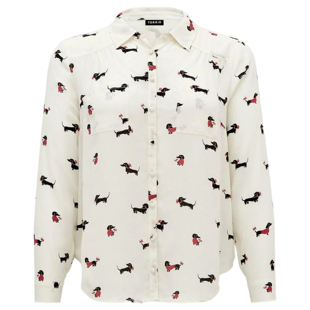 Torrid Madison Georgette Button-Up Long Sleeve Shirt Ivory with Dachshund, 2